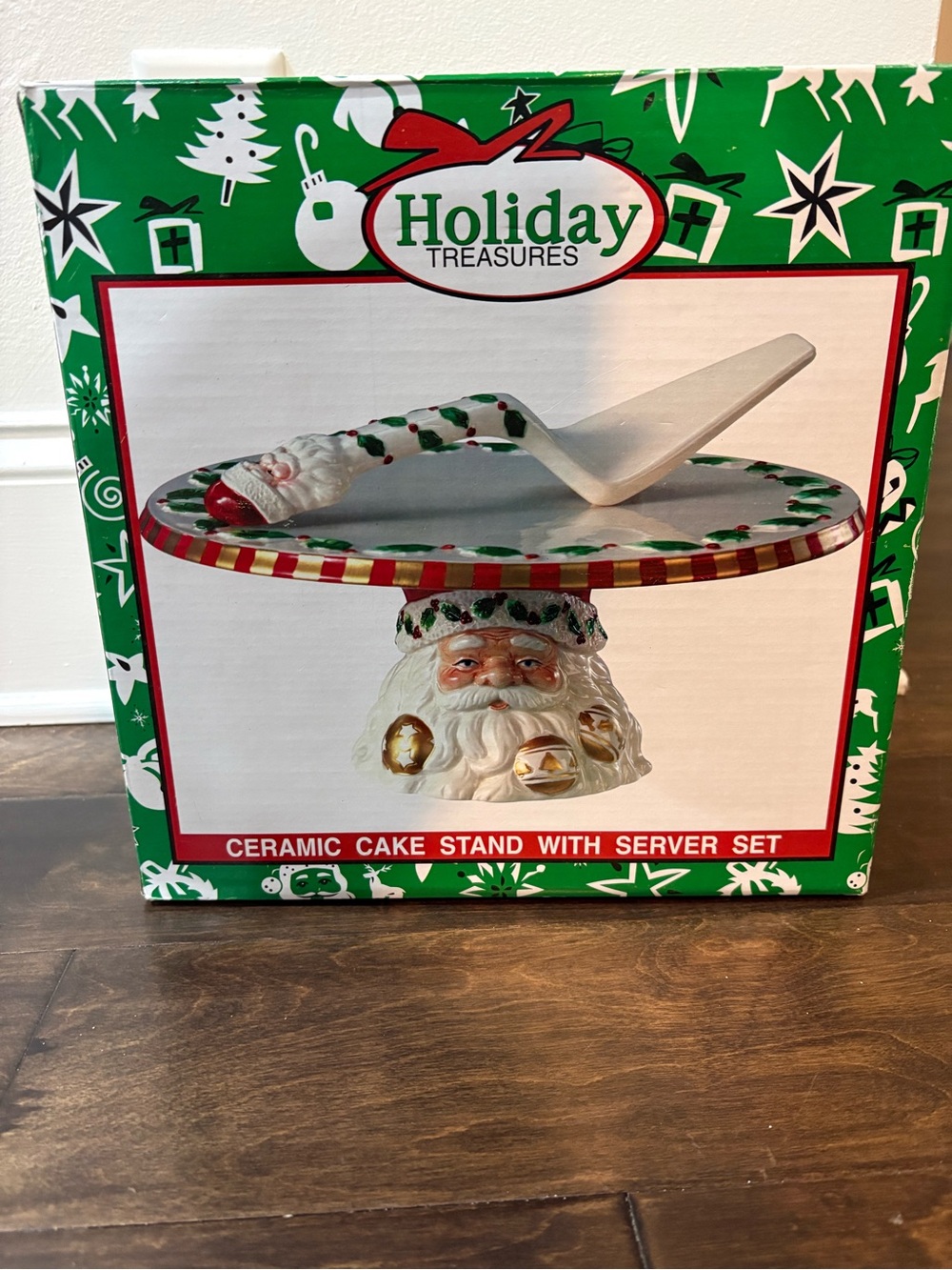 Holiday Treasures- Ceramic Santa Cake Stand and Server in Green and White